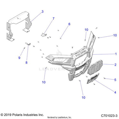 An Image of a Genuine Polaris Parts Schematic Diagram showing the schematic - BODY: FRONT BUMPER - 2020 POLARIS RZR 900 EPS RIDE COMMAND