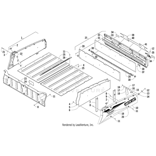 Exploded diagram displaying labeled components of an Arctic Cat UTV/ATV, including the Side Panel Decal - Right by Arctic Cat; part numbers indicate specific components and attachment points for precise OEM referencing.