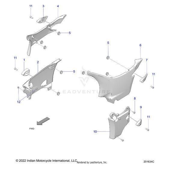 Exploded diagram of motorcycle fairing parts, including the Cover Side Upper RH Sgry [Storm Gray] by Polaris, with numbered labels for panels and fasteners. Indian Motorcycle OEM copyright details are shown below.
