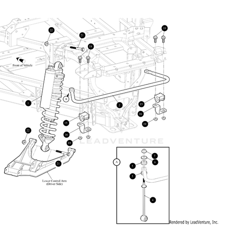 Technical diagram displaying the vehicles front suspension assembly with numbered components, highlighting shock absorber details like the Rear Shock King 2.5 by Arctic Cat, plus an inset detail view for clarity.