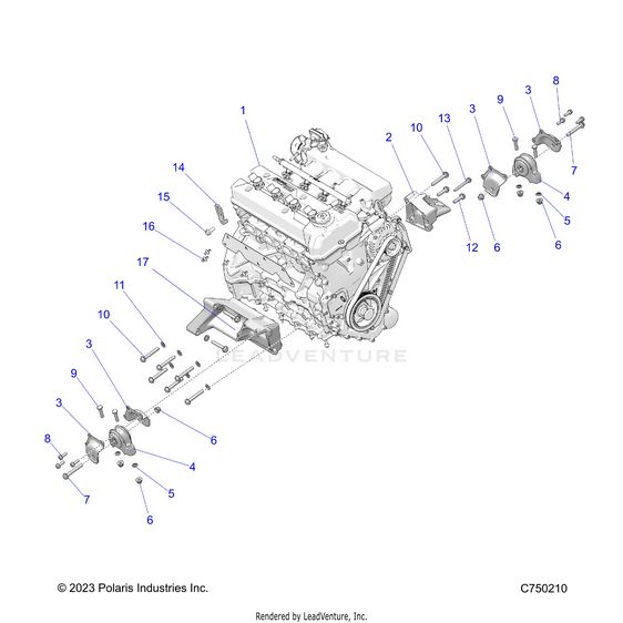 An Image of a Genuine Polaris Parts Schematic Diagram showing the schematic - ENGINE: MOUNTING & LONG BLOCK - 2026 POLARIS RZR PRO R ULTIMATE
