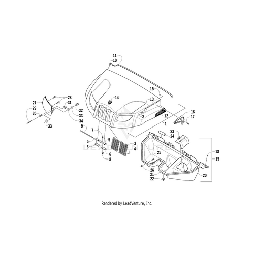 Exploded diagram of a vehicles front end featuring labeled parts, like the Hood Decal - Hdx - Right by Arctic Cat—available at Witchdoctors.com for easy OEM part identification.