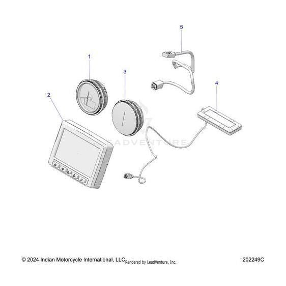 Line drawing highlights labeled motorcycle dashboard parts: Tach Ind Hwlc Black by Polaris round gauges (1, 2), rectangular display (3), long flat section (4), and Polaris OEM Parts cables with USB/connector ends (5).