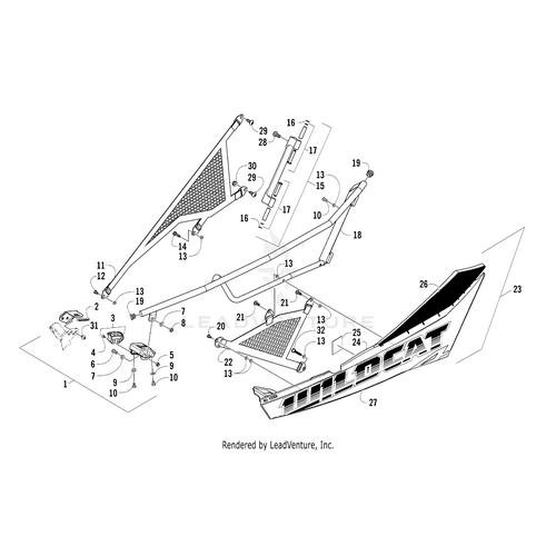 Exploded diagram showing labeled parts of an Arctic Cat Wildcat’s body frame and side panels, including hardware, mesh inserts, OEM Arctic Cat parts, and the Door Decal - Upper Left by Arctic Cat, with each component numbered for identification.