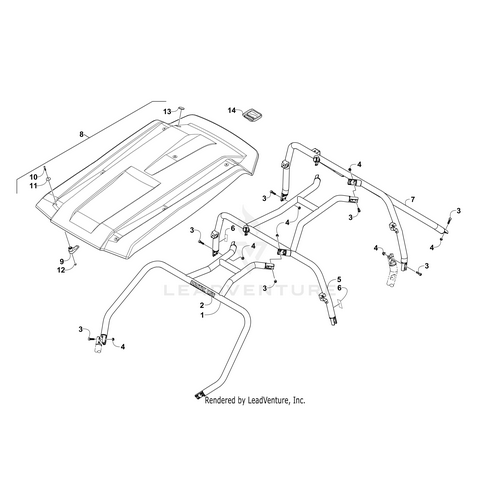 Exploded diagram showing vehicle roof assembly components, including the Snap Plug - Black by Arctic Cat, main roof panel, support bars, brackets, fasteners, and connectors for reliable OEM fit and quality.