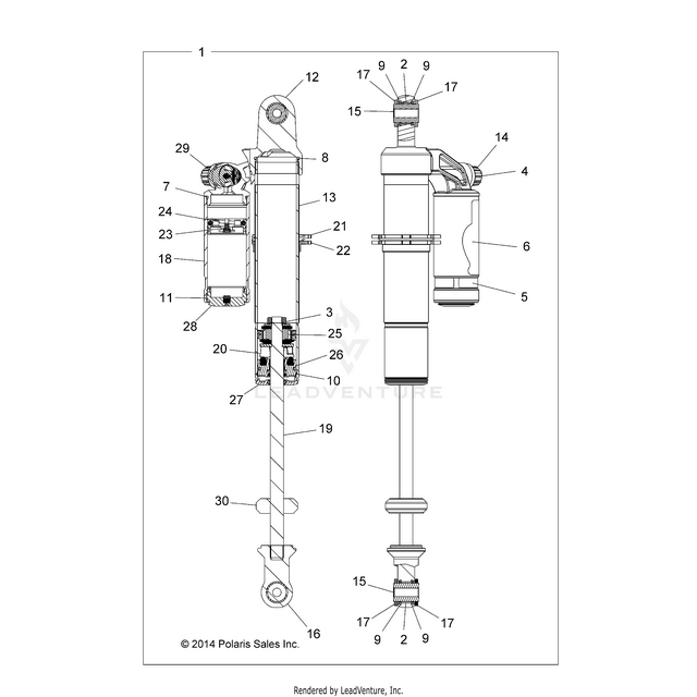 An Image of a Genuine Polaris Parts Schematic Diagram showing the schematic - SUSPENSION: REAR SHOCK - 2015 POLARIS RZR S 900