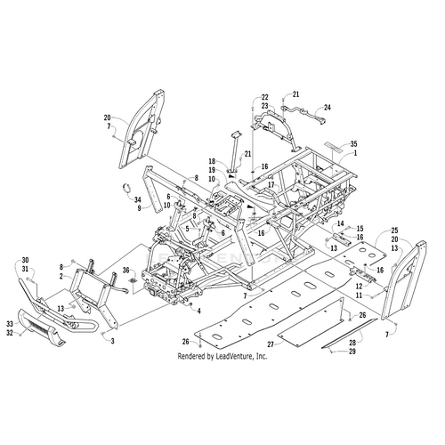 Exploded diagram of a vehicle chassis with labeled parts, such as the frame, bumper, Seat Support - Right by Arctic Cat, doors, skid plate, and various OEM Arctic Cat parts arranged and numbered for easy reference.