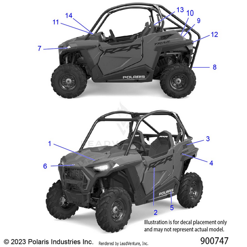 An Image of a Genuine Polaris Parts Schematic Diagram showing the schematic - BODY: DECALS - 2024 POLARIS RZR 900 TRAIL S