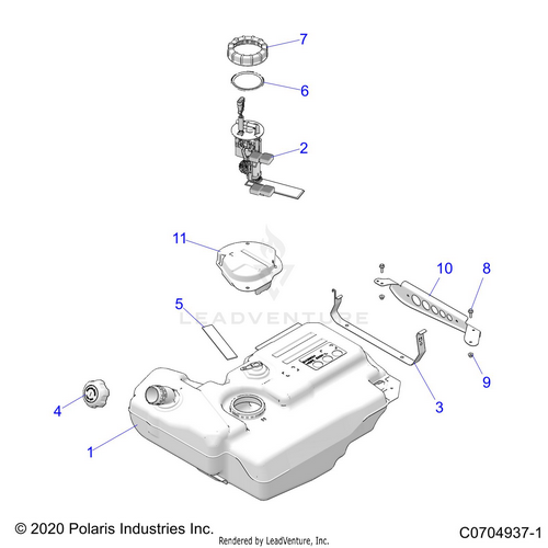 An Image of a Genuine Polaris Parts Schematic Diagram showing the schematic - BODY: FUEL TANK - 2021 POLARIS RZR TURBO S 4
