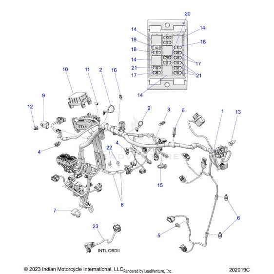 Labeled diagram showing the wiring harness and electrical components of a motorcycle, featuring numbered connectors, wires, OEM parts such as Cap Jst 6P F by Polaris, plus an inset of the fuse box layout.