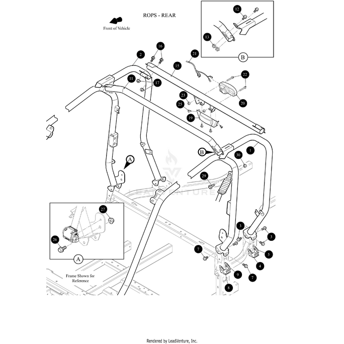Exploded diagram of a rear ROPS frame for a vehicle, featuring the Crosstube Ext-Weld by Arctic Cat with labeled components and hardware. Callouts show assembly points, while arrows indicate the direction for installation.