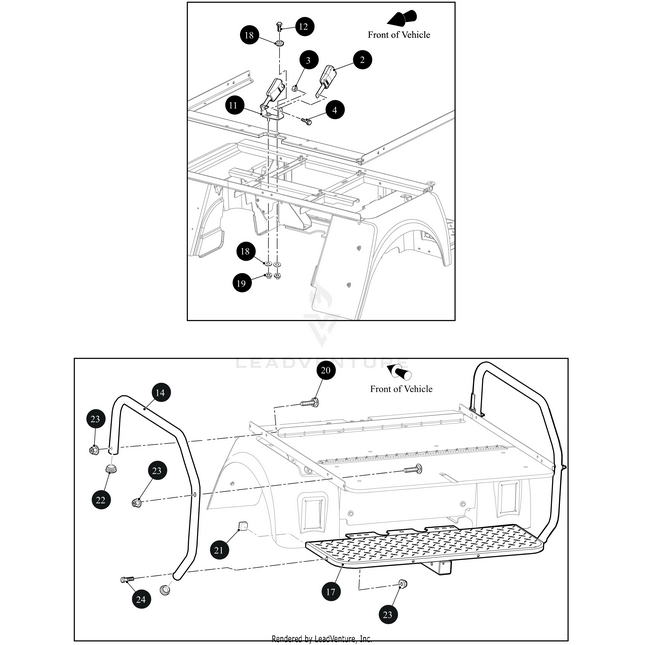Two technical diagrams show the assembly of a vehicle’s roof rack and rear step, with labeled parts like brackets, bolts, and bars—ideal for installing OEM Arctic Cat parts such as the Floorboard - Weldment by Arctic Cat.