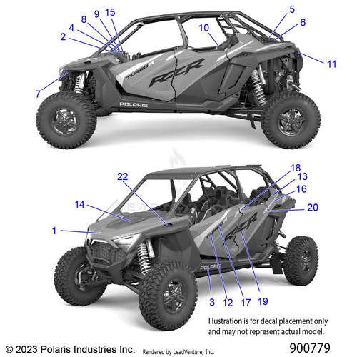 An Image of a Genuine Polaris Parts Schematic Diagram showing the schematic - BODY: DECALS - 2024 POLARIS RZR TURBO R 4 PREMIUM