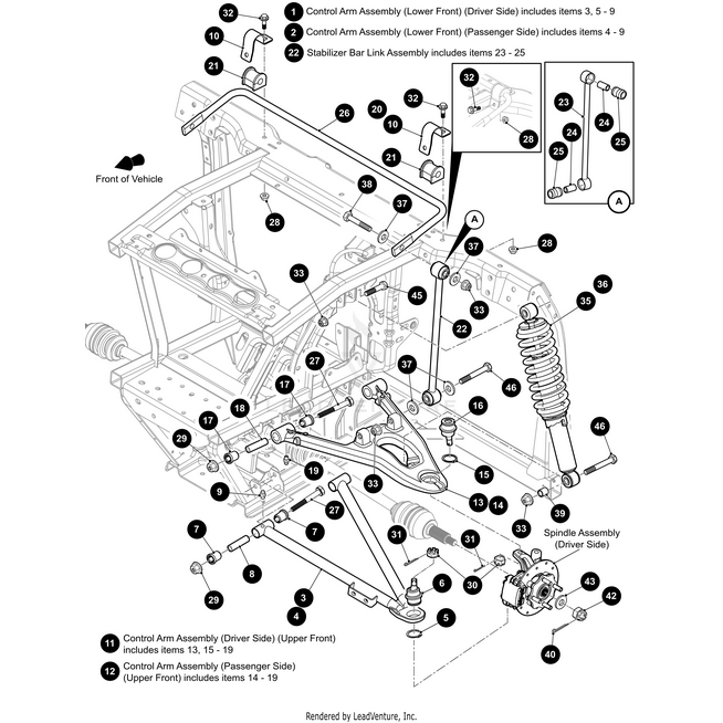 Black and white labeled diagram of a vehicles front suspension and steering assembly, featuring parts like control arms, spindle assembly, brake caliper, and Grease Fitting by Arctic Cat; includes numbered parts and reference key from Witchdoctors.com.