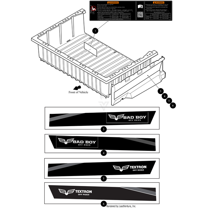 Black-and-white diagram showing a truck bed with numbered labels, including the Arctic Cat Cargo Bed Warning Label by Arctic Cat. Below are six labeled decal designs for Bad Boy and Textron Off Road from Witchdoctors.com and OEM Arctic Cat parts.