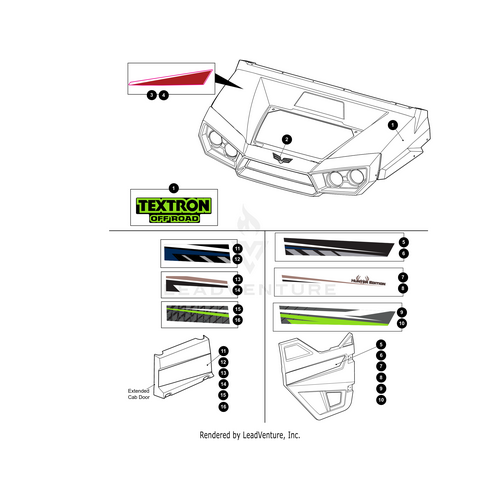 Diagram showing decal placements and designs for an off-road vehicle, featuring the Storage Panel Decal Right (For Stampede X) by Arctic Cat, with labeled car panels, color stripe patterns, and Textron Off Road logo among OEM parts.