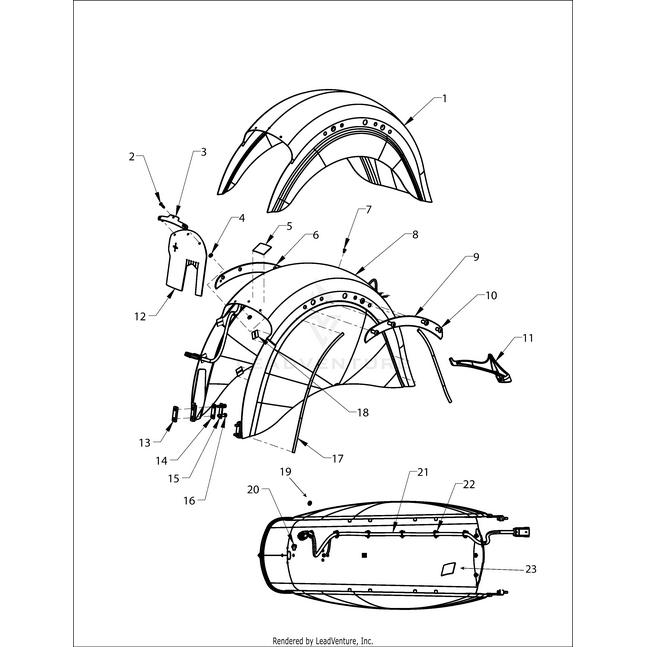 Exploded diagram of a motorcycle rear fender assembly featuring the Indian Motorcycle OEM fender, brackets, mounts, and the Reva Fender Tip Rear Chrome | [Vintage] by Polaris—each part is numbered for easy ID. Available at Witchdoctors.com.