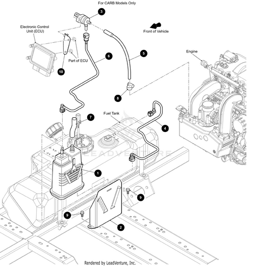 Exploded fuel system diagram labeling the fuel tank, lines, ECU, engine, and carbon canister mount (Black-Weld) by Arctic Cat—ideal for sourcing OEM parts or installing Arctic Cat UTV accessories.