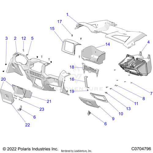 An Image of a Genuine Polaris Parts Schematic Diagram showing the schematic - BODY: DASH AND GLOVEBOX RIDE COMMAND - 2022 POLARIS RZR TRAIL S 1000 ULTIMATE