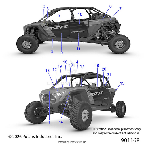 An Image of a Genuine Polaris Parts Schematic Diagram showing the schematic - BODY: DECALS - 2026 POLARIS RZR PRO R 4 LE