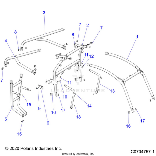An Image of a Genuine Polaris Parts Schematic Diagram showing the schematic - CHASSIS: CAB FRAME - 2021 POLARIS RZR 900 TRAIL/TRAIL S