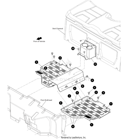 Exploded diagram of rear vehicle storage compartments with labeled parts, fasteners, and mounting points; includes seat cutout, front bulkhead, and spot for installing OEM Arctic Cat Floorboard-Driver Side.