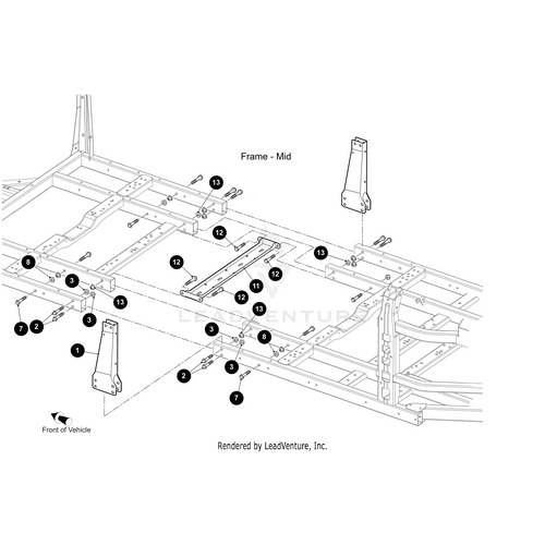 Black and white diagram of a vehicle chassis mid-frame, with numbered bolts and brackets showing assembly points and a front arrow. Ideal for installing the Crossmember Skid Guard Mt Black-Weld by Arctic Cat or other Arctic Cat UTV accessories.