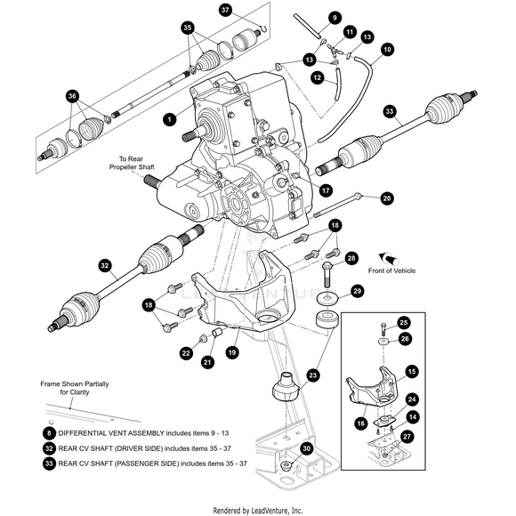 Exploded view of a vehicle drivetrain assembly features the Axle Casting for vehicles made before March 26, 2018 by Arctic Cat, OEM part #649422, with labeled differentials, CV shafts, propeller shaft, bolts, washers, and detailed callouts.