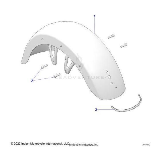 Illustration of the Fender Trimmed Front Bludsk [Blue Dusk] by Polaris, showing mounting brackets, four screws, and a curved metal support, each labeled for identification. Copyright info appears at the bottom.