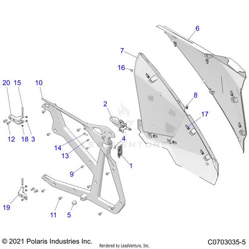 An Image of a Genuine Polaris Parts Schematic Diagram showing the schematic - BODY: DOORS REAR - 2023 POLARIS RZR TURBO R 4 PREMIUM RIDE COMMAND