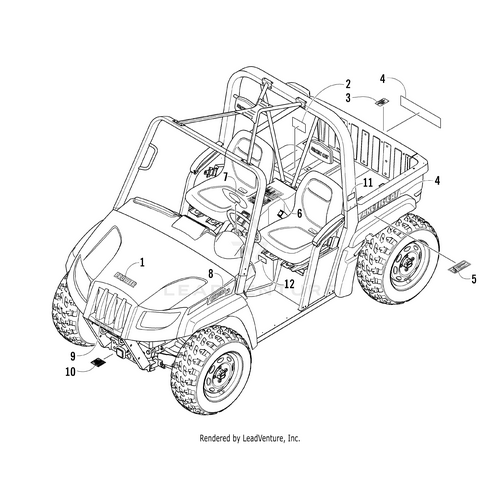 Black and white technical line drawing of an Arctic Cat Wildcat off-road utility vehicle with a roll cage, two seats, cargo bed, and numbered arrows indicating OEM parts like the Center Decal by Arctic Cat.