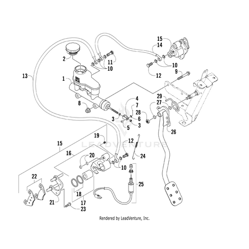 Exploded diagram of a vehicles clutch hydraulic system with labeled parts like the master cylinder, pedal, hoses, brackets, and connectors—perfect for locating OEM Arctic Cat Brake Lever or related supplies from Witchdoctors.com.