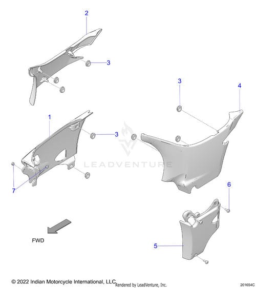 Exploded diagram of Cover Side Lower LH Eltdkslv [Elite Dark Silver] by Polaris shows labeled parts 1-7 with lines to each piece, features Indian Motorcycle Cover, highlights genuine Polaris OEM Parts; arrow indicates FWD.