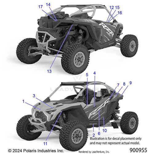 An Image of a Genuine Polaris Parts Schematic Diagram showing the schematic - BODY: DECALS - 2025 POLARIS RZR PRO R FACTORY ARMORED LE ULTIMATE