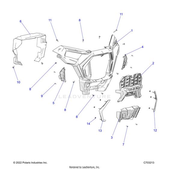 An Image of a Genuine Polaris Parts Schematic Diagram showing the schematic - BODY: FRONT BUMPER - 2023 POLARIS RZR 900 TRAIL S