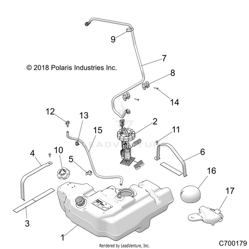 An Image of a Genuine Polaris Parts Schematic Diagram showing the schematic - BODY: FUEL TANK - 2021 POLARIS RZR TRAIL