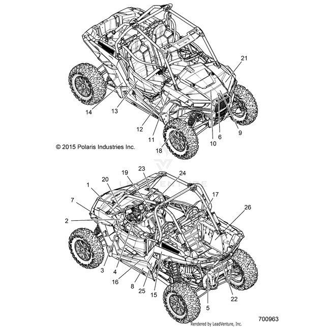 An Image of a Genuine Polaris Parts Schematic Diagram showing the schematic - BODY: DECALS - 2015 POLARIS RZR XP 1000