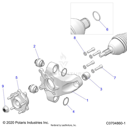 An Image of a Genuine Polaris Parts Schematic Diagram showing the schematic - SUSPENSION: REAR CARRIER AND HUB - 2024 POLARIS RZR PRO R ULTIMATE