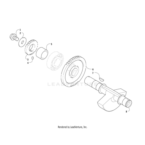 Exploded diagram of a camshaft assembly with individual parts—bolt, washer, camshaft gear, bushing, sprocket, Driven Gear Balance Shaft by Arctic Cat, key, and pin—arranged left to right using OEM Arctic Cat components.