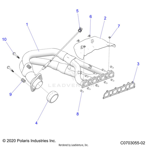 An Image of a Genuine Polaris Parts Schematic Diagram showing the schematic - ENGINE: EXHAUST SYSTEM HEADPIPE AND RELATED - 2023 POLARIS RZR PRO R 4 LV