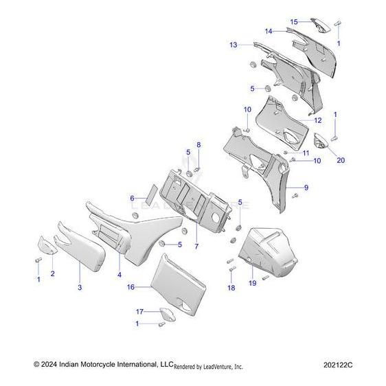 Exploded view of Indian Motorcycle fairing parts, each numbered. Major components like Cover Side Upper RH Frstsilvsmk [Frost Silver Smoke] by Polaris, front fairing, and mounting hardware are shown apart to illustrate assembly order.