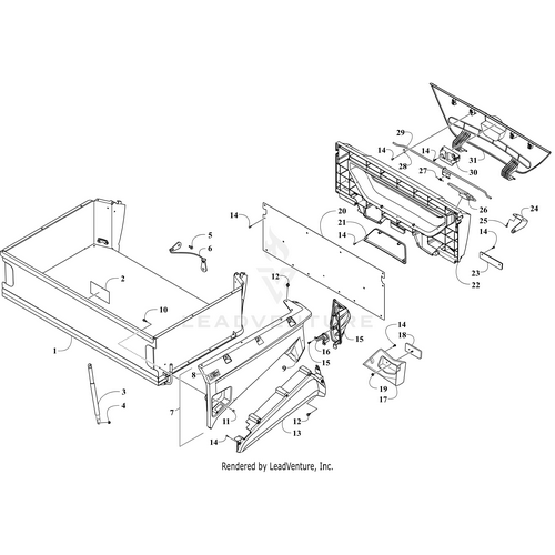 Exploded diagram of a truck bed and tailgate assembly, showing numbered parts such as panels, brackets, fasteners, and the Stay Hinge by Arctic Cat. All components are available from Witchdoctors.com.