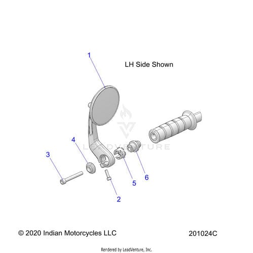 Exploded diagram of motorcycle handlebar mirror assembly, featuring Mirror Ind Be Intl Black Anodz [Includes 2 Mirrors] by Polaris, mounting arm, screws (components 1–6), and compatible with Indian Motorcycle OEM Parts.