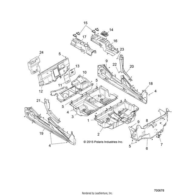 An Image of a Genuine Polaris Parts Schematic Diagram showing the schematic - BODY: FLOOR and ROCKER PANELS - 2018 POLARIS RZR XP 4 TURBO