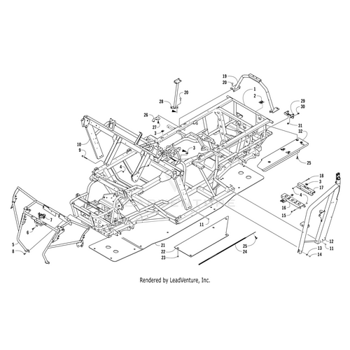 Black and white technical diagram of the Main Frame (Inc. 2) by Arctic Cat, showing labeled structural components, brackets, and fasteners in an exploded view. Find OEM Arctic Cat Parts at Witchdoctors.com for precise fit and assembly.