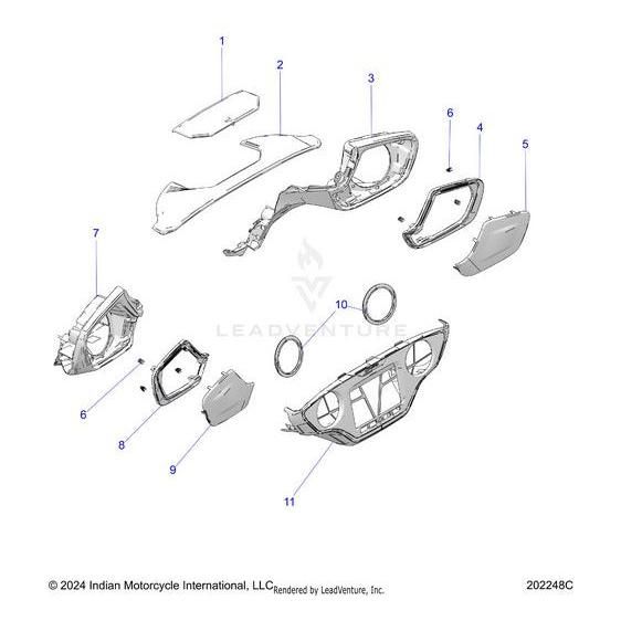 Exploded diagram of a motorcycle dashboard assembly with eleven numbered parts, highlighting the Screen Speaker LH Black by Polaris—shown among outer panels, display frame, and control panel—in a detailed technical line drawing style.