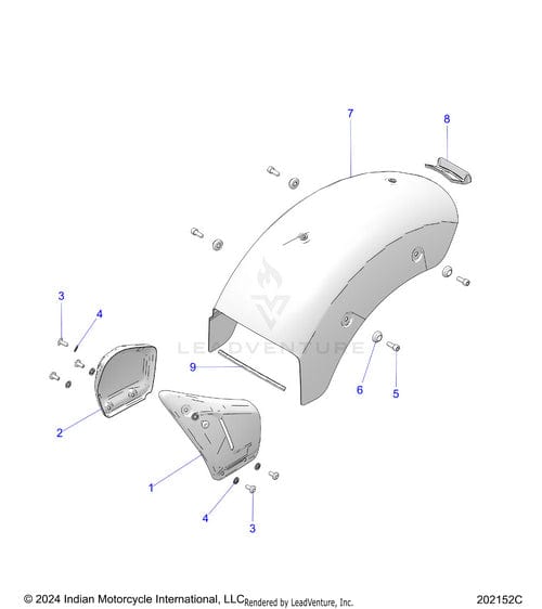 Exploded diagram of the Polaris Cover Side LH Hvymetl [Heavy Metal Gloss] for Indian Motorcycles, showing OEM parts like the main cover, side brackets, screws, and mounting components, each numbered for easy identification.