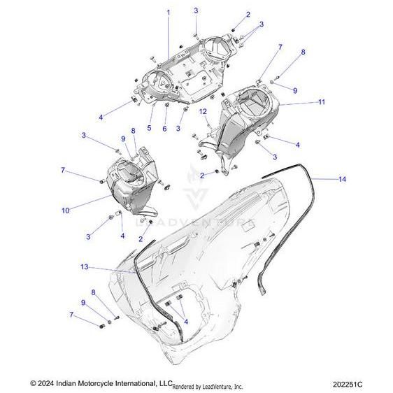 Exploded diagram of motorcycle parts highlights four numbered assembly points, featuring a large windshield, mounting brackets, and the Polaris Support Dash 2639982 OEM part.