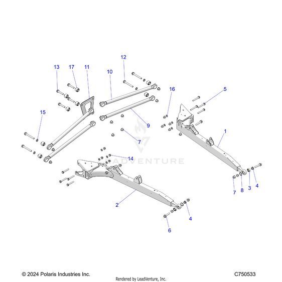 An Image of a Genuine Polaris Parts Schematic Diagram showing the schematic - SUSPENSION: REAR CONTROL ARMS - 2025 POLARIS RZR XP 4 1000 PREMIUM