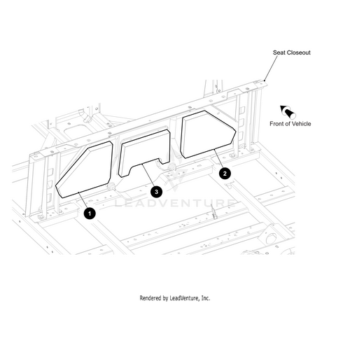 Diagram of a vehicle frame highlights the seat closeout area with three numbered panels. An arrow marks the vehicles front. Perfect for identifying the Seat Foam Closeout Right by Arctic Cat during UTV/ATV seat replacement.
